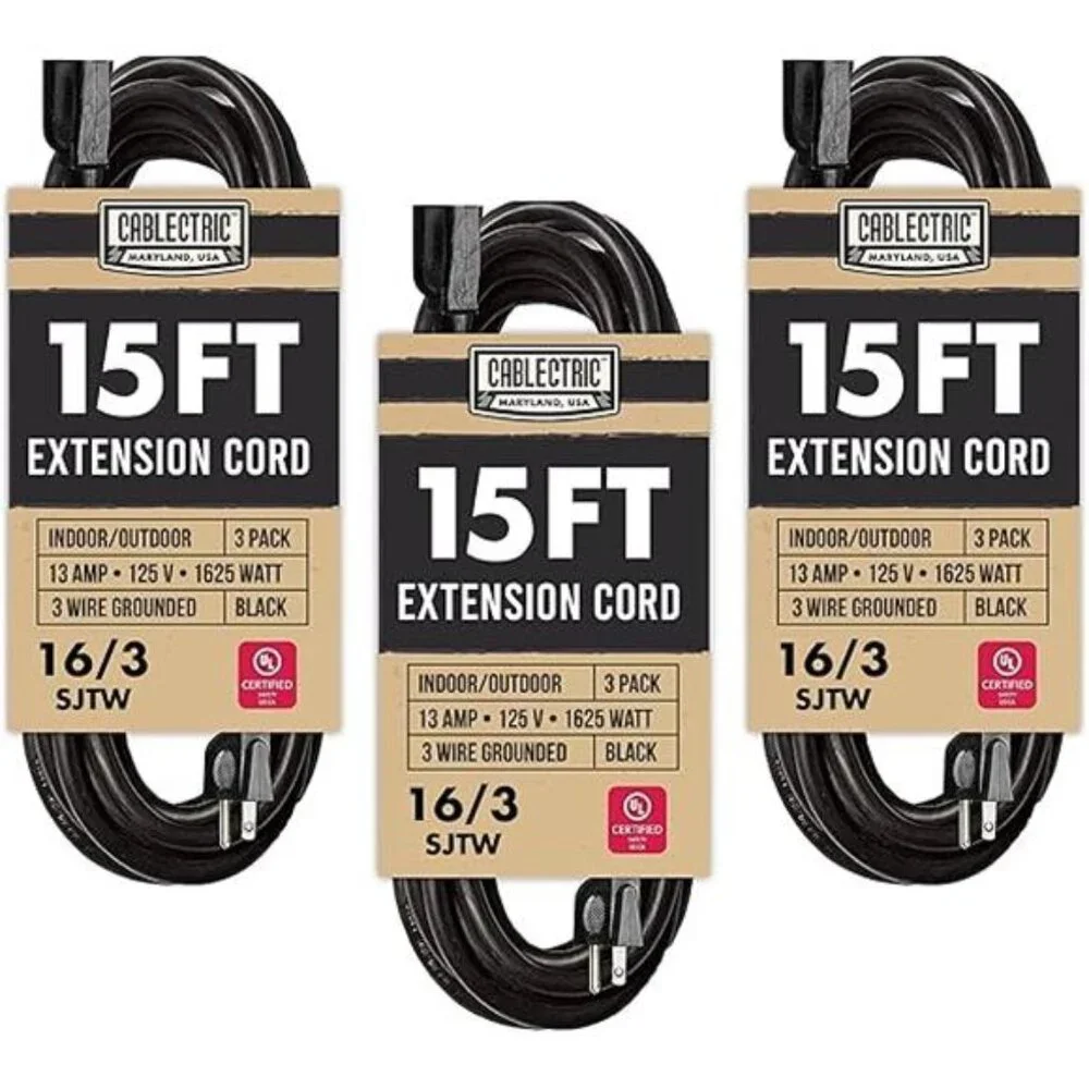 3 Pack Weatherproof Black Extension Cord 15 ft, 16/3 SJTW 15 Foot Outdoor